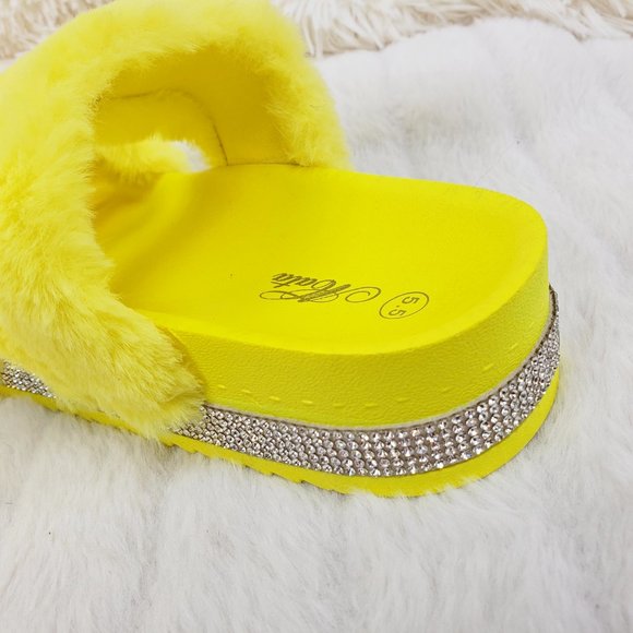 Fur Baby Yellow Soft Furry Double Band Slip on Rhinestone Trim Sandals Slippers - Picture 9 of 14